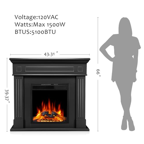 43 Inch Electric Fireplace with Mantel Wooden Surround Firebox TV Stand,FreeStanding Electric Fireplace Heater Entertainment Center,Adjustable Led Flame,750W-1500W,Black