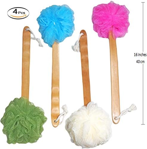 4 Pack Shower Loofah Body & Back Scrubber - Exfoliating Loofah luffa loofa Bath Brush On a Stick - with Long Wooden Handle Back Brush for Men & Women - Easy Reach Body Wash & Lotion Applicator