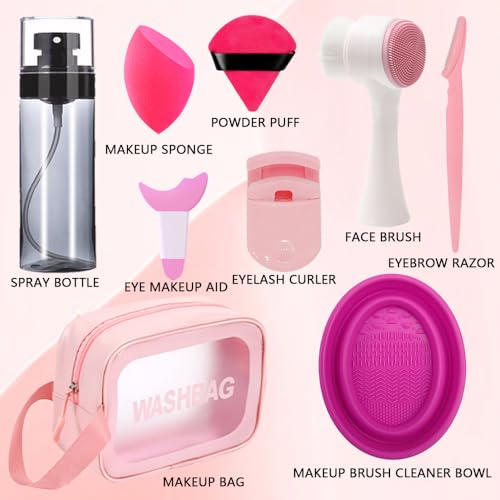 33PCS Makeup Foundation Brushes Tool Set with Sponges, Eyelash Curlers, Powder Puffs, Silicone Washing Bowls, Eye Aids, Nano Spray Bottles, Exfoliating Face Brushes, Eyebrow Trimming, Storage Bag