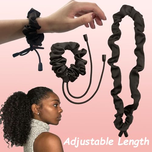 4pcs Black Adjust Satin Hair Scrunchies for Women Girls, Adjustable Hair Ties Soft Than Silk for 4c Girlie Thick Curly Natural Hair, Easy to Use Hair Accessories for Afro Puff Loc Ponytails
