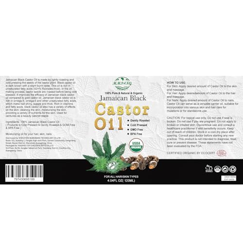 Jamaican Black Castor Oil - USDA Certified Organic Cold Pressed Hexane Free Unrefined, Natural Hair Oil For Treatment Scalp, Growth Hair Eyelashes Eyebrows (4oz/120ml Glass Bottle)