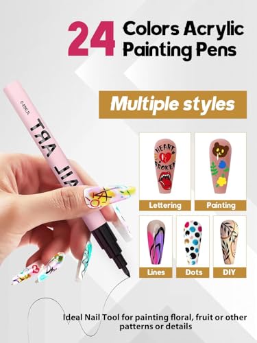 EBANKU 24 Colors Waterborne acrylic ink Nail Art Pens Set, 0.7MM Nail Polish Pens Quick-Drying Acrylic Paint Pen Point Dotting Liner Pen Nail Drawing Painting Manicure Tools for 3D Salon Home Nail DIY