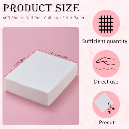400 Sheets Nail Dust Collector Filter Paper Disposable Nail Dust Suction Collector Filters Nail Paper Sheets Portable Dust Collector Filter for Nail Salon Spa Tech Nail Supplies Accessories