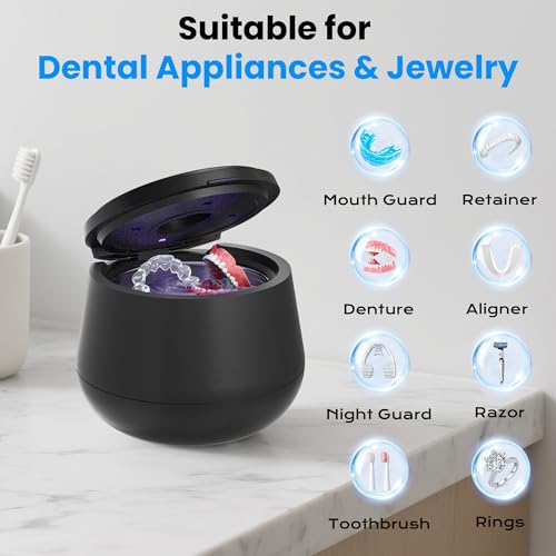 45kHz Ultrasonic Retainer Cleaner, 200ML Dental Cleaning Pod for Dentures, Mouth Guards, Braces, Aligner, Toothbrush Jewelry and More, UV Denture Cleaner with 4 Modes & Digital Timer