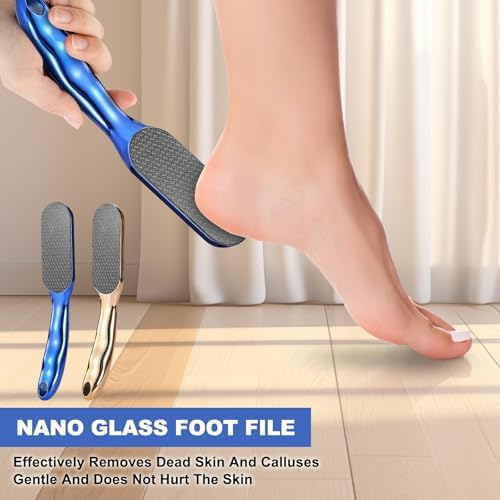 2PCS Veinsgrain Veins Grain Foot File, Professional Foot Care Tools, Nano Glass Foot File with Non-Slip Ergonomic Handle Feet Massage Tool (Gold+Blue)