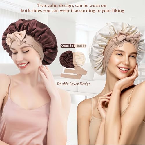 100% Mulberry Silk Bonnet for Sleeping Women Double Layer Silk Hair Bonnet Natural Silk Sleep Cap with Elastic Reversible Hair Wrap (Coffee + Champagne)