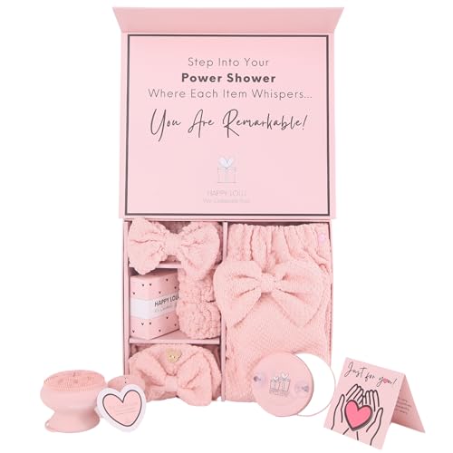 Happy Lolli Power Shower Gift Set – College Essential Bath Accessories for Women and Teen Girls – Includes Body Towel, Hair Towel, Wrist Bands, Headband, Face Sponge and More (Fresh in Pink)