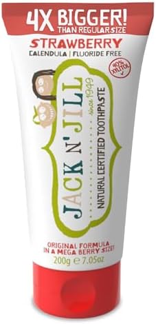 Jack N' Jill Mega Toothpaste 4x More - Natural Toddler Toothpaste for Baby, Kids & Infants 6 Months & Up, Fluoride Free Training Toothpaste for Toddlers 1-3, 40% Xylitol - Strawberry, 7.05 oz (1-Pack)