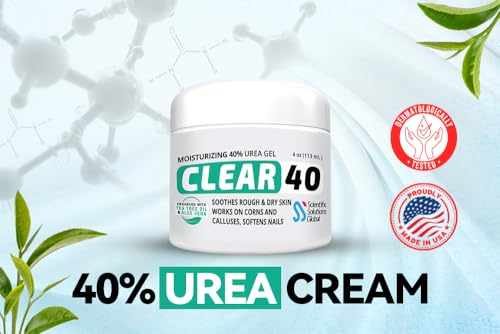 CLEAR 40 Urea Cream 40 Percent for Feet Maximum Strength (4oz) | Softens Cracked Heels & Dry Skin Urea Cream 40 Percent - Tea Tree & Coconut Oil | Callus & Corn Treatment | Made in USA