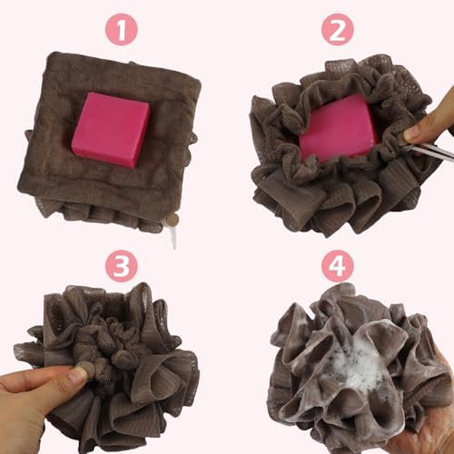 3pcs Leeffa Loofah Washcloth, 2-in-1 Shower Washcloth Loofah for Exfoliating, Shower Sponge for Body (BeigeMix)