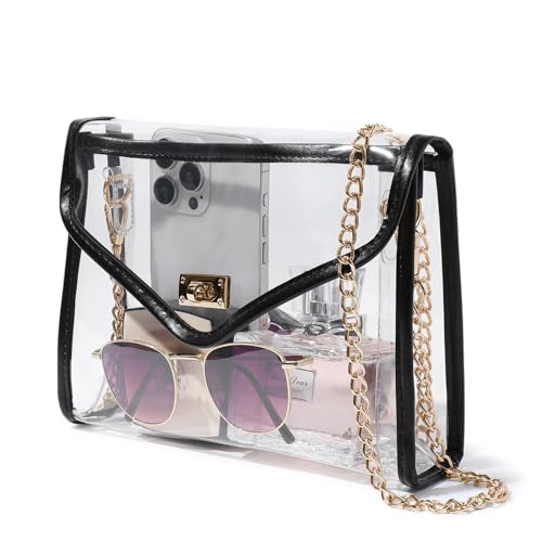 Clear Purse for Women Stadium Approved, Clear Crossbody Bag with Leather Edging for Concert Sports Events (Black - Gold Chain)