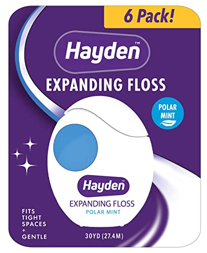 Hayden Expanding Dental Floss. Expands To Clean Between Tight Teeth. 6 Pack Value. Fresh Feeling Polar Mint Woven Floss. Anti Tartar Actives for Gentle Care. 180 Yards. Expandable Clean. PFA Free.
