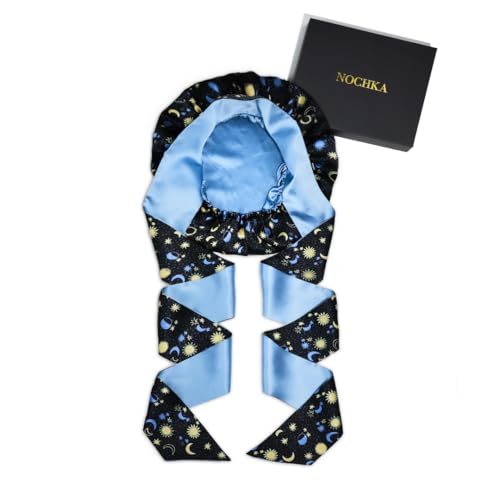 100% Mulberry Silk Bonnet for Sleeping Women, Handmade in USA 19 Momme Double Layer Reversible Silk Hair Wrap with Adjustable Ties, Non-Slip Sleep Cap for Curly & Natural Hair (sun and Moon)