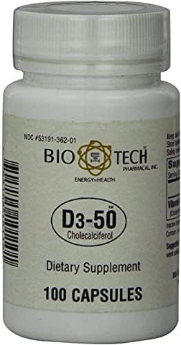 Bio-Tech Pharmacal D3-50 50,000 IU, 100 Capsules Ð All-Natural Supplement Ð Supports Bone, Heart Neuromuscular, & Immune Health Ð No Dairy, Fish, Gluten, Peanut, Shellfish, & Soy