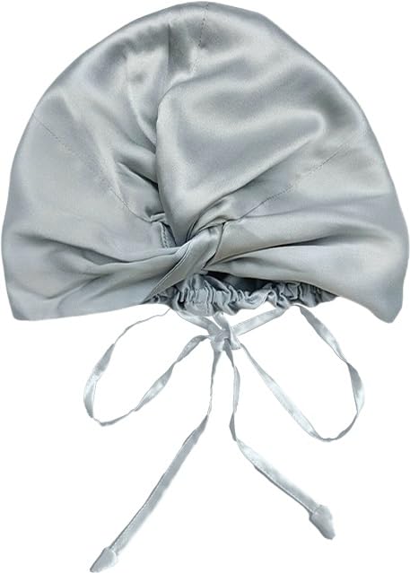 100% Mulberry Silk Sleep Bonnet, Double Layer Silk Turban, Shower Cap, 8 Colors (Silver Bonnet With Adjustable Strap)