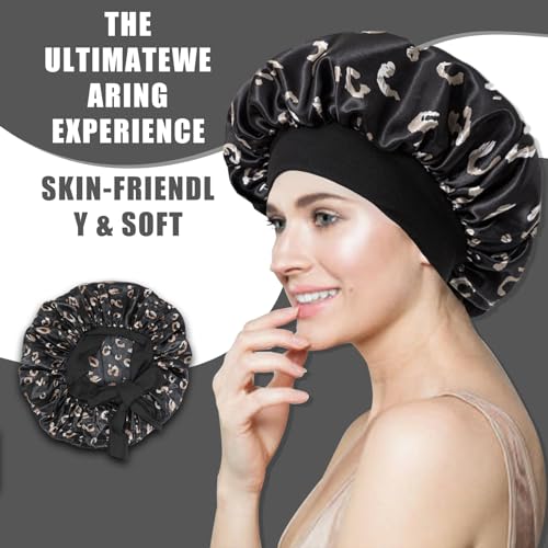 Black Bonnet Satin Silk Hair Bonnet With Tie Band for Sleeping Large Bonnets Hair Wrap with Adjustable Straps Hair Sleep Caps for Women Curly Braid Hair