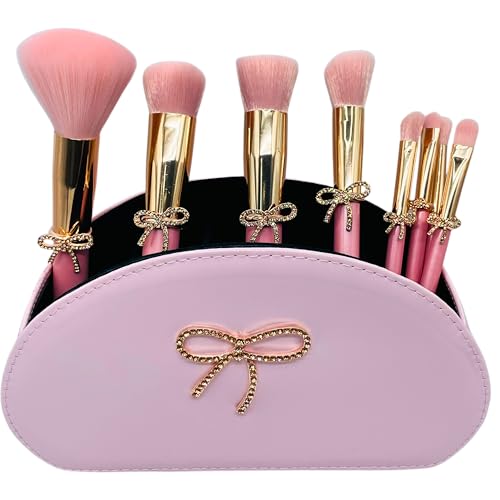 Bow Makeup Brush Set – 9-Piece - Pink bow makeup bag Coquette with Gold Bow & Storage Bag – Beginner Friendly makeup Brushes for Foundation, Contour & More