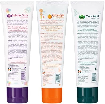 Himalaya Botanique Kids Toothpaste with Xylitol, Variety Pack of Bubble Gum, Orange & Cool Mint - Fluoride Free Toothpaste - Vegan, Gluten Free, No Artificial Flavors or Colors, 4 oz (Pack of 3)