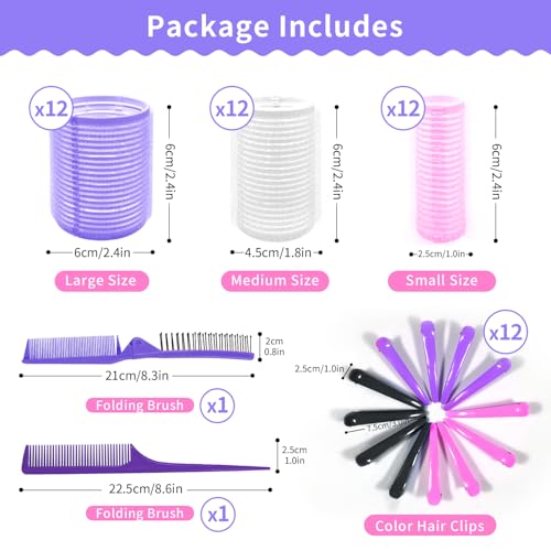 Hair Rollers Large Small 50PCS Set, 36PC Large Medium Small Hair Rollers for Volume Curlers with 12PC Clips 1 Tail Comb and 1 Folding Brush Comb for Short Medium Blowout Look Long Hair