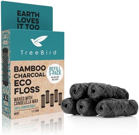 Biodegradable Bamboo Charcoal Eco Floss Refills | Refill 5-Pack | Vegan & Cruelty-Free | Zero Waste Dental Care | Mint