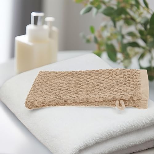 COTTON CRAFT Bath Mitt - Exfoliating Glove - Set of 6 Euro Spa Waffle Weave Towel Mitts - 100% Cotton Body Shower Glove Washcloth with Hanging Loop - Sensitive Skin Friendly - Large 5.5x10 -Linen