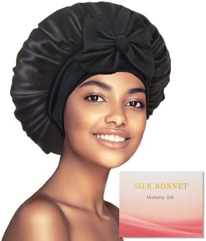 100% Mulberry Silk Bonnet for Sleeping Women, Real Silk Bonnets with Tie Band, Double-Layer Sleep Cap for Braids Curly Hair