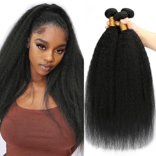 14 16 18 Kinky Straight Bundles Human Hair Yaki Straight Human Hair 3 Bundles 100% Unprocessed Brazilian Virgin Remy Hair Yaki Straight BundlesFor Black Women Natural Black Color
