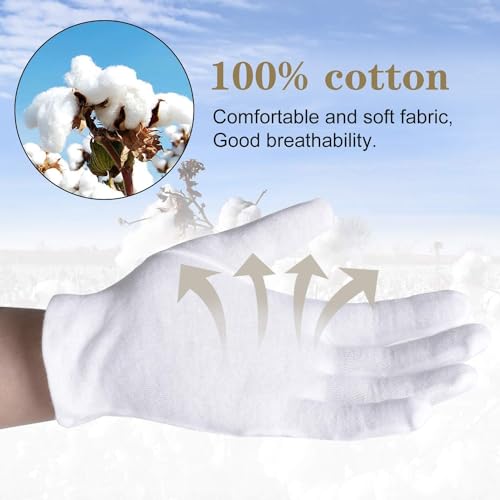 100% Cotton Gloves, 6 Pairs White Cotton Gloves for Women Dry Hands Eczema SPA Moisturizing - Work Glove for Serving Archival Coin Jewelry Inspection