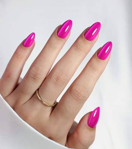 Hot Pink Press on Nails Cateye - GJZEZ Soft Gel Cat Eye Stick on Nails, Short Almond Press Ons, Bright Neon Pink Salon Grade Fake Nails | 16 Sizes - 32 pcs Reusable Summer Prom Nails, Rose Bonbon