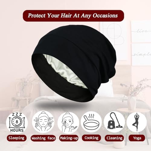 4 Pieces Satin Lined Sleep Bonnet - Adjustable Sleeping Cap Slouchy Beanie Hat for Curly Hair