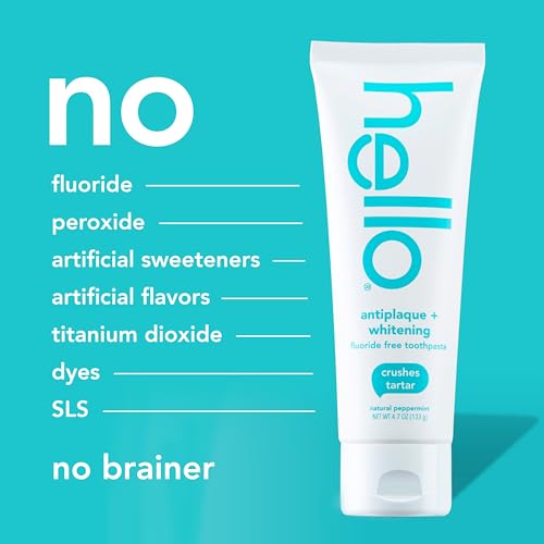 Hello Antiplaque Toothpaste, Fluoride Free for Teeth Whitening with Natural Peppermint Flavor and Tea Tree Oil, Peroxide Free, Gluten Free, SLS Free, 3 Pack, 4.7 OZ Tubes