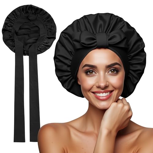 100% Mulberry Silk Bonnet for Sleeping Women – Double-Layered 22 Momme Silk Hair Wrap – Adjustable Non-Slip Tie – Reduces Frizz & Preserves Style – Gift Boxed, HQTS-Certified (Black)