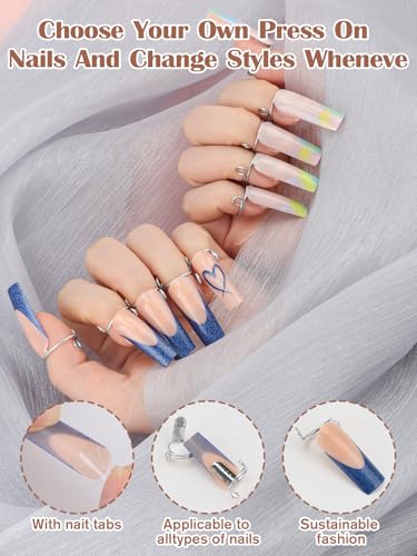 20PCS Wudu Nail Rings, EBANKU Updated Adjustable Nail Rings Detachable Reusable Women Gift Ring Set with 120PCS Adhesive Nail Tabs for Acrylic Nail Art Decoration, Silver