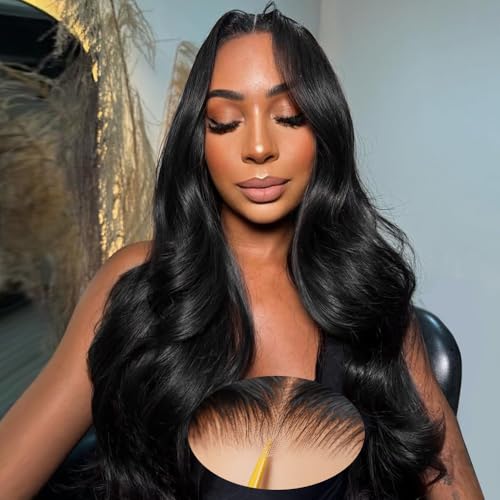 MUGOHK Glueless Wigs Human Hair Pre Plucked Pre Cut 20 Inch 7X5 Wear and Go Black Body Wave HD Lace Front Wig Bleached Knots Pre Everything Ready to Wear Glueless Closure Wig 200 Density for Women