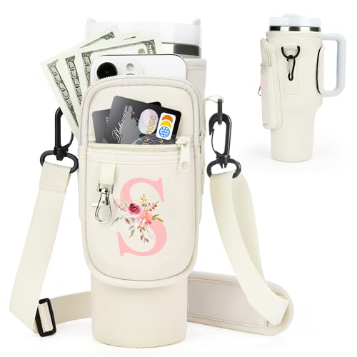 Initial Water Bottle Holder with Strap for Stanley 40 oz Tumbler/Simple Modern 40 oz Tumbler,Water Bottle Carrier Bag with Strap,Personalized A-Z Phone Pocket for Stanley Cup Accessories
