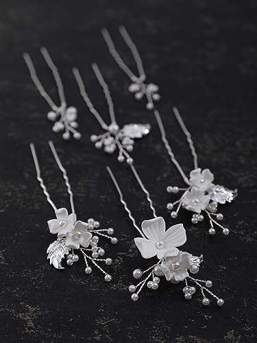Handmade Pearl Bridal Wedding Hair Pins 6Pcs White Flower Gold Leaf Pearls Clips Bridal Hair Accessories for Women Brides Bridesmaid