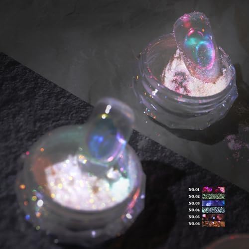 Ice Transparent Aurora Nail Powder Neon Rainbow Holographic Chameleon Powder Multi Chrome Iridescent Pigment Pearlescent Nail Art Glitters (6 Boxes Transparent)