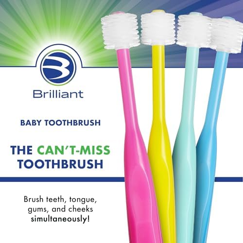 Brilliant Oral Care Baby Toothbrush with Soft Bristles and Round Head, for a Toddler Approved, Easy to Use All-Around Clean Mouth, Ages 0-2 Years, Blue Mint Yellow, 3 Pack