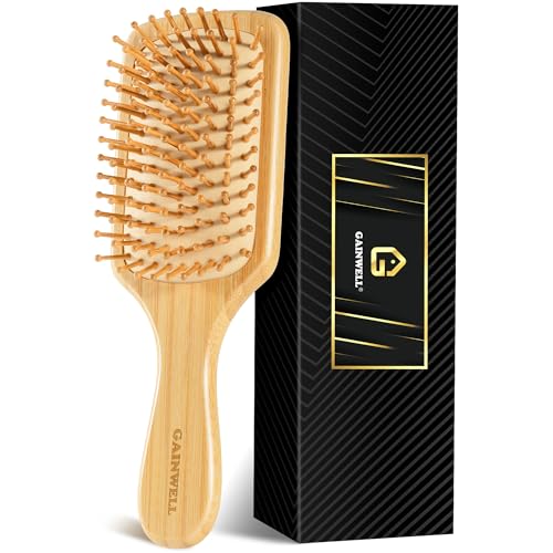 GAINWELL Bamboo Hair Brush for Hair Growth, Natural Bamboo Bristles Detangling Square Wooden Paddle Hairbrush for Massaging Scalp, for Women Men and Kids, for All Hair Types, with Ergonomic Handle