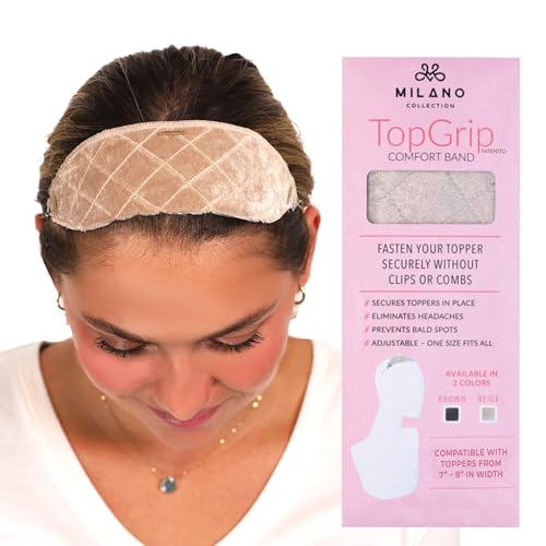 MILANO COLLECTION Glueless Top Grip for Hair Topper & Wiglets, Adjustable Translucent Strap with Side Openings, Top Headband for Your Wig or Topper, Includes Clips, Beige, Medium