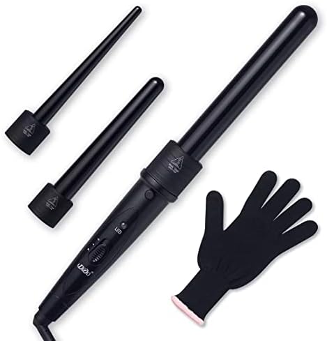 iMissiu Tourmaline 3 in 1 Curling Wand Set with 3 Interchangeable Curling Iron Ceramic Barrels with Heat Resistant Glove – Black