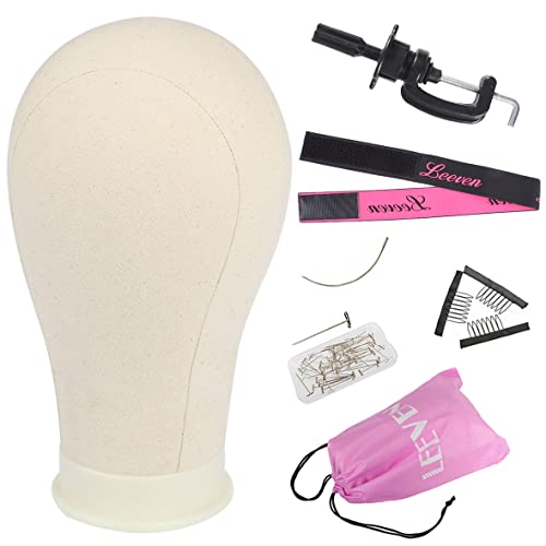 Leeven 21"-24" Canvas Block Head for Making Wig Mannequin Head With T Pins and Clamp stand Hair Edge Band for Wig Display, Making,Styling 21 Inch