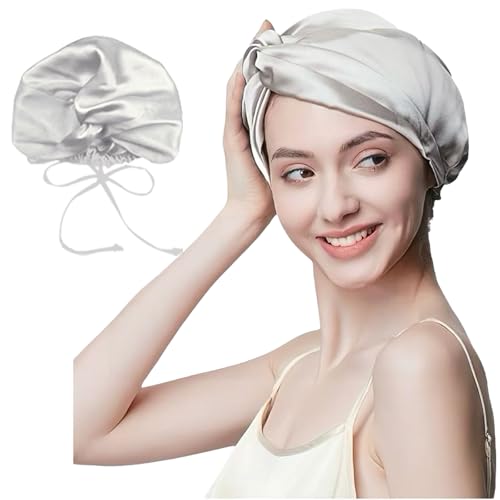 100% Mulberry Silk Sleep Bonnet, Double Layer Silk Turban, Shower Cap, 8 Colors (Silver Bonnet With Adjustable Strap)