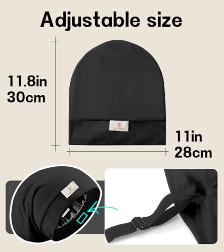 100% Mulberry Silk Bonnet for Sleeping for Curly Hair and Braids, Wrap with Adjustable Strap for Women and Men,Real Silk, Not Satin（1Pc,Black）