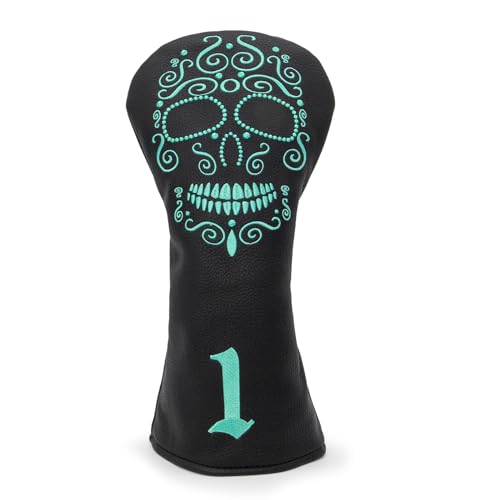Black Golf Club Covers Skull Embroidery Driver Headcover Fairway 3 Wood Headcover Hybrid Headcover for Your Selection fits for All Brands (for driver(1pc))