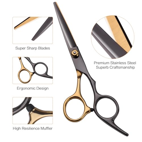 Hair Cutting Scissors Kit, Hair Scissors Professional Haircut Scissor with Stainless Steel Barber Shears, Thinning Shears, Haircut Accessories in Leather Case for Salon/Home- 10PCS Gold Black