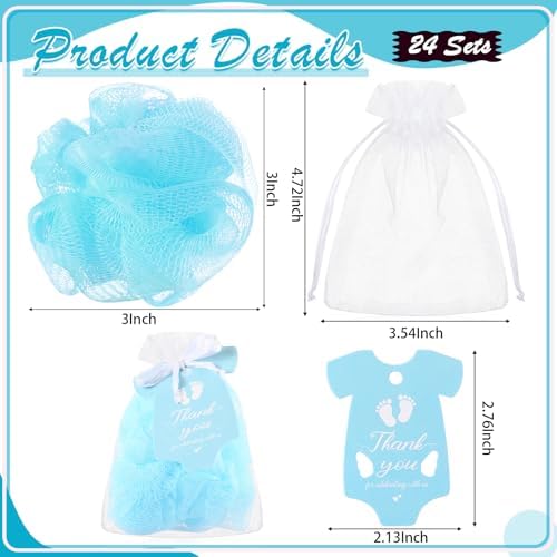 24 Sets Baby Shower Favors for Guests Include Bath Sponge Loofahs, Thank You Cards, White Organza Bags for Baptism Baby Shower Gender Reveal Birthday(Blue)