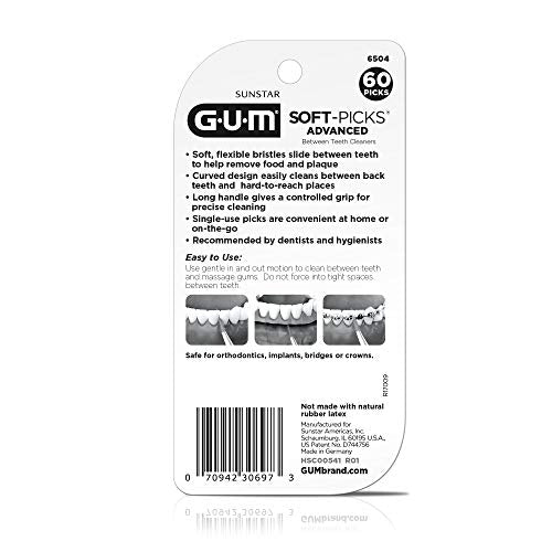 GUM Soft-Picks Advanced, Easy to Use Dental Picks for Teeth Cleaning and Gum Health, Disposable Interdental Brushes with Convenient Carry Case, Dentist Recommended Dental Picks, 60ct (6pk)