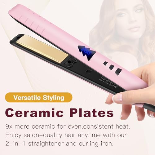 1 Inch Hair Straightener, Flat Iron Straightener & Curler 2 in 1, Rapid 15-Second Heat-Up Titanium Ceramic Ionic Dual Voltage Straightener for Less Frizz, Shines and Smooth, Styling Tools (Pink)