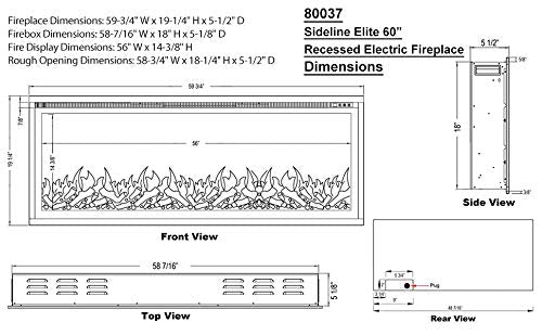 Touchstone Sideline Elite Smart 60” WiFi-Enabled Electric Fireplace - in-Wall Recessed - 60 Color Combinations - 1,500W Heater - Black - Log, Crystals & Driftwood - 80037